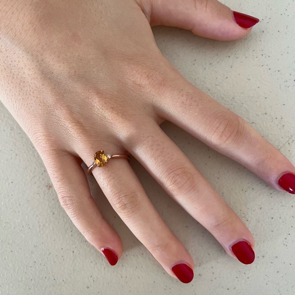 Brand New Oval Citrine and Diamond Three Stone Ring 10K Rose Gold 100% Authentic
